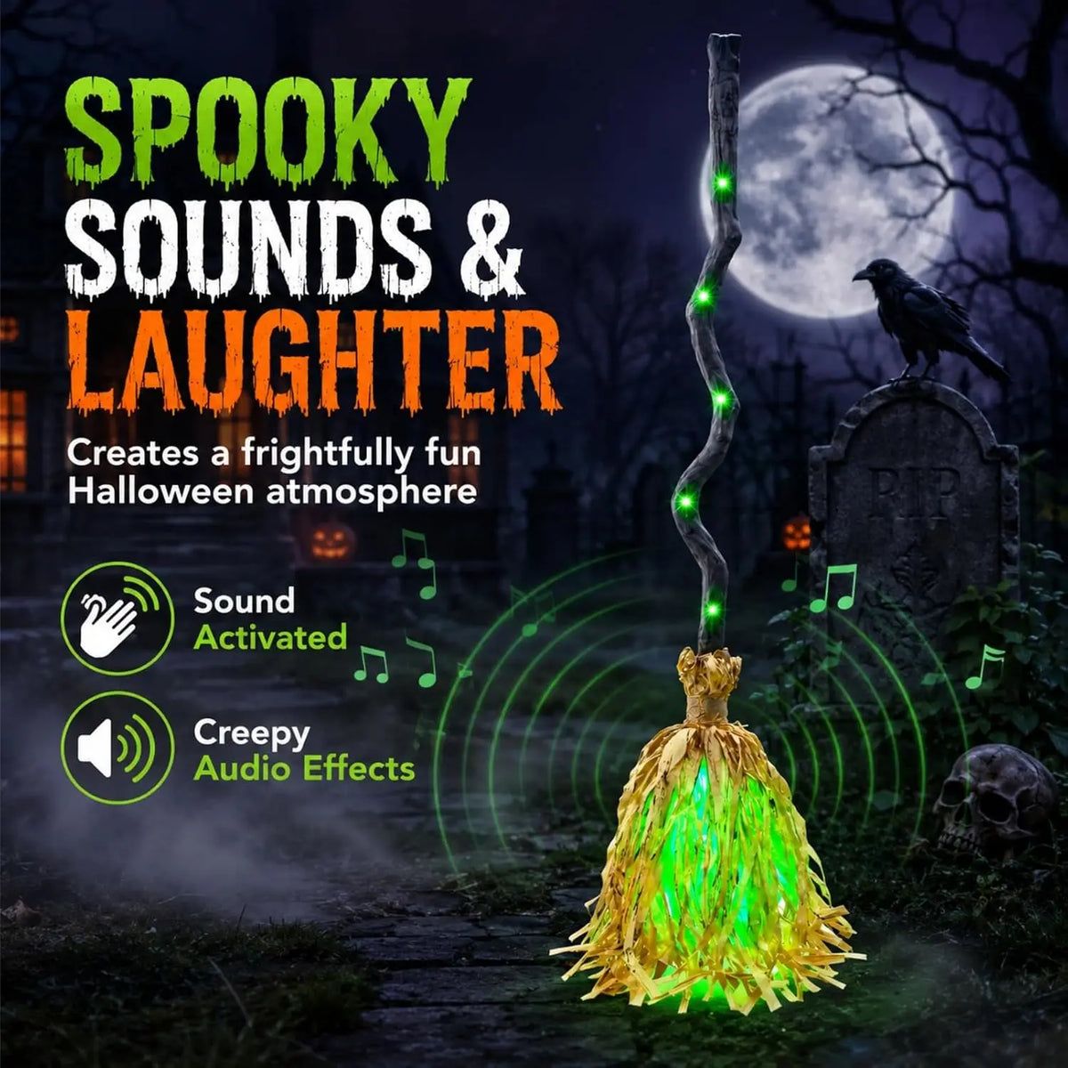 Glowing Witch Broom with Spooky Sounds & Motion